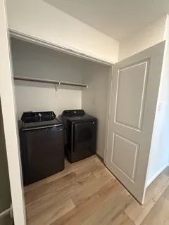 Laundry closet with wood-finish flooring, white walls, and a built-in hanging rod