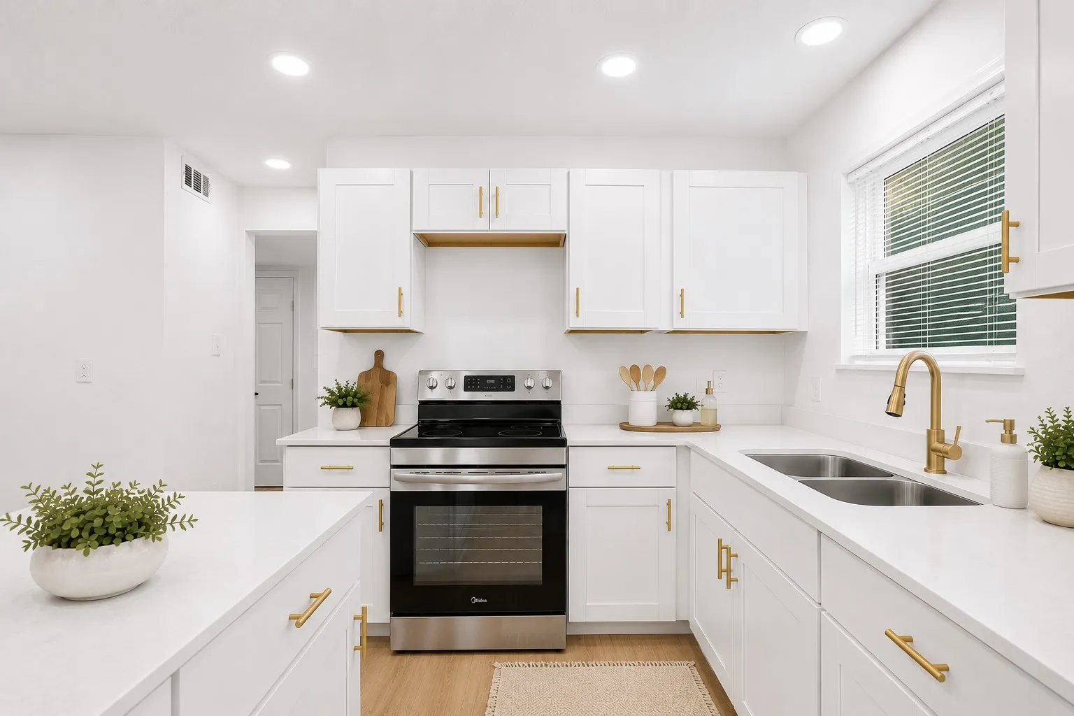 Virtually staged modern kitchen featuring white cabinetry with gold hardware, a stainless steel range, and a double basin sink with a gold-finish faucet