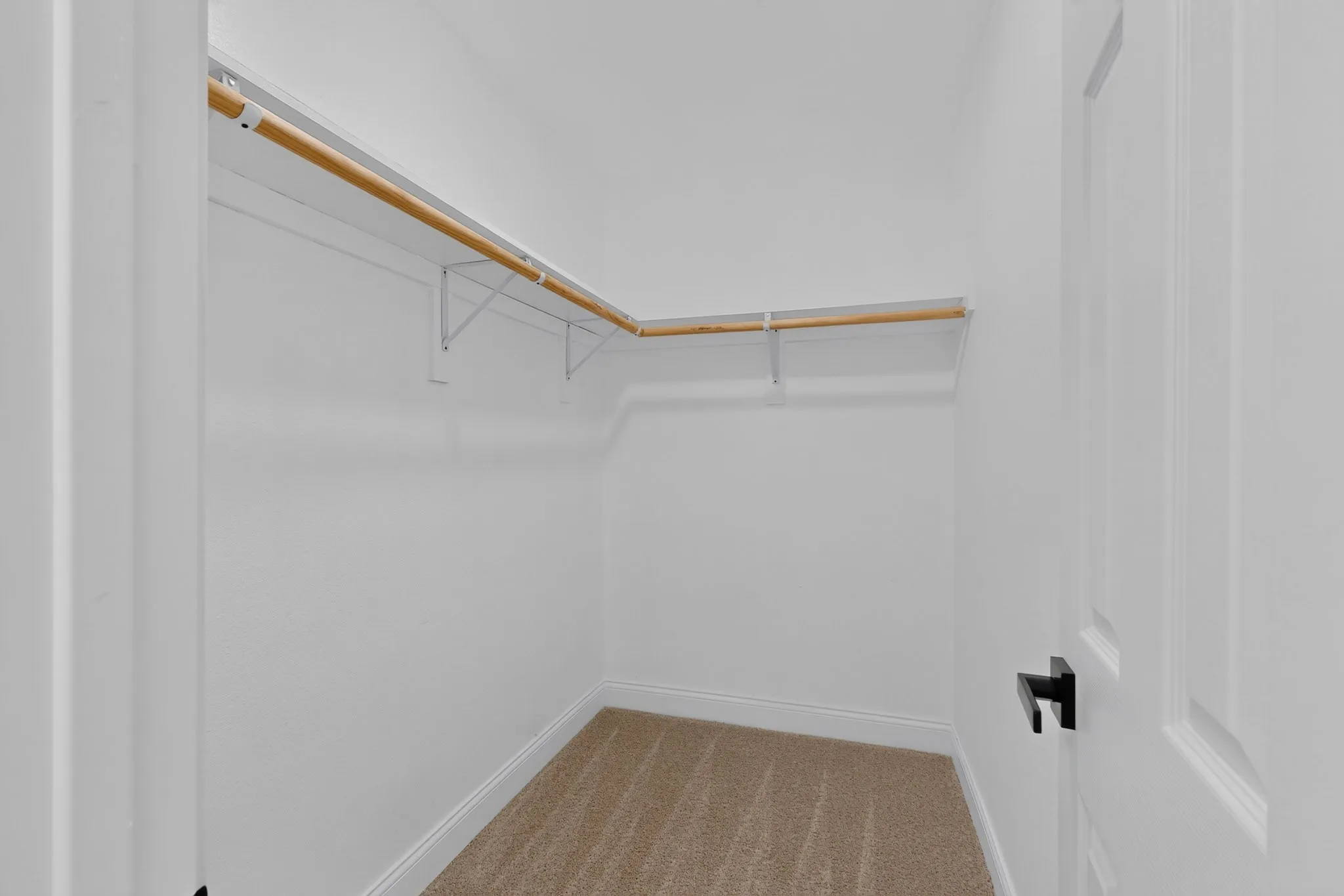 Walk-in closet featuring white shelving with natural wood rods, light neutral-toned carpeting, white baseboards, and a white paneled door with matte black hardware