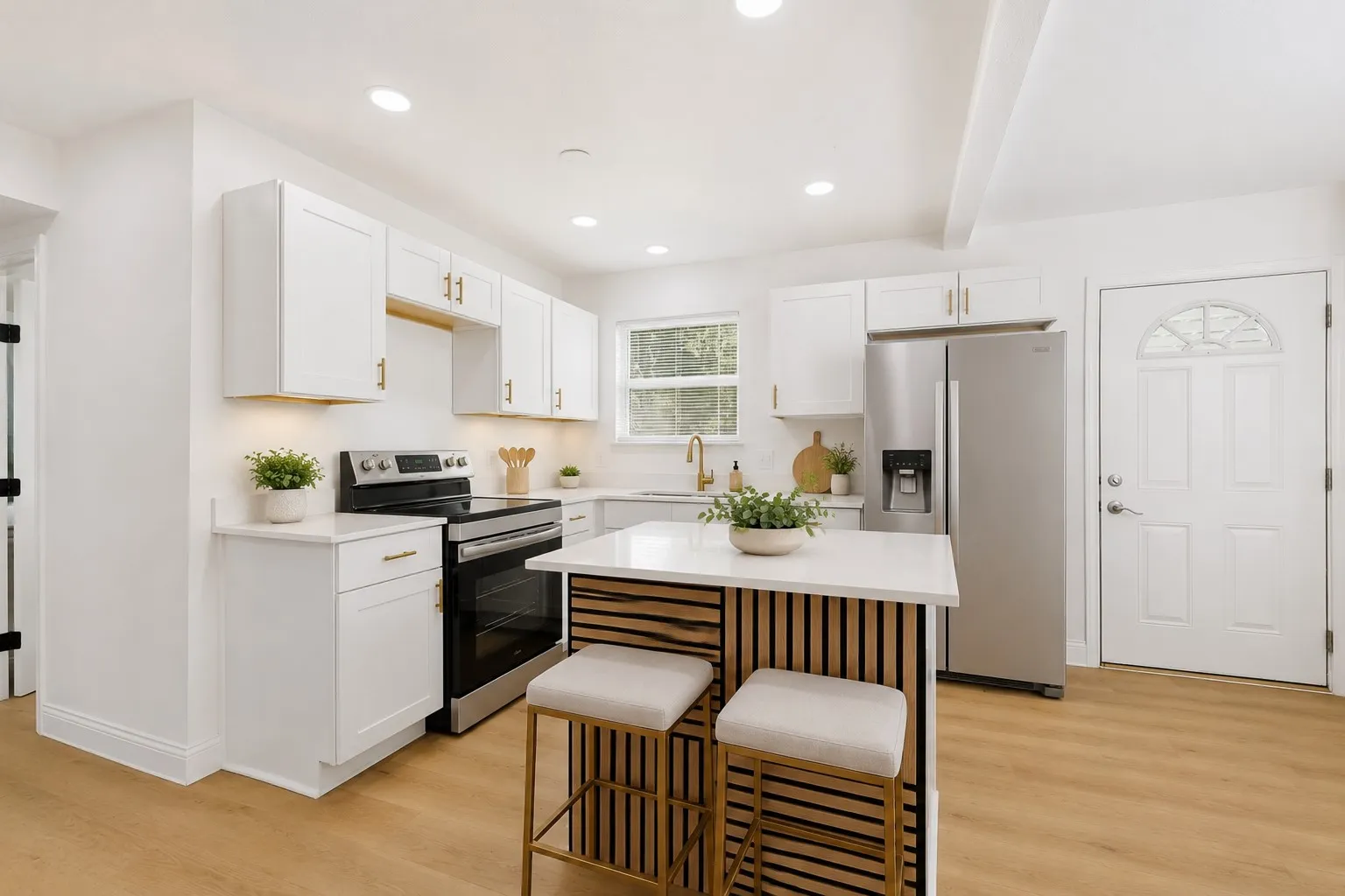 Virtually staged kitchen featuring white cabinetry, stainless steel appliances, a center island with bar seating, wood-finish flooring, and recessed lighting