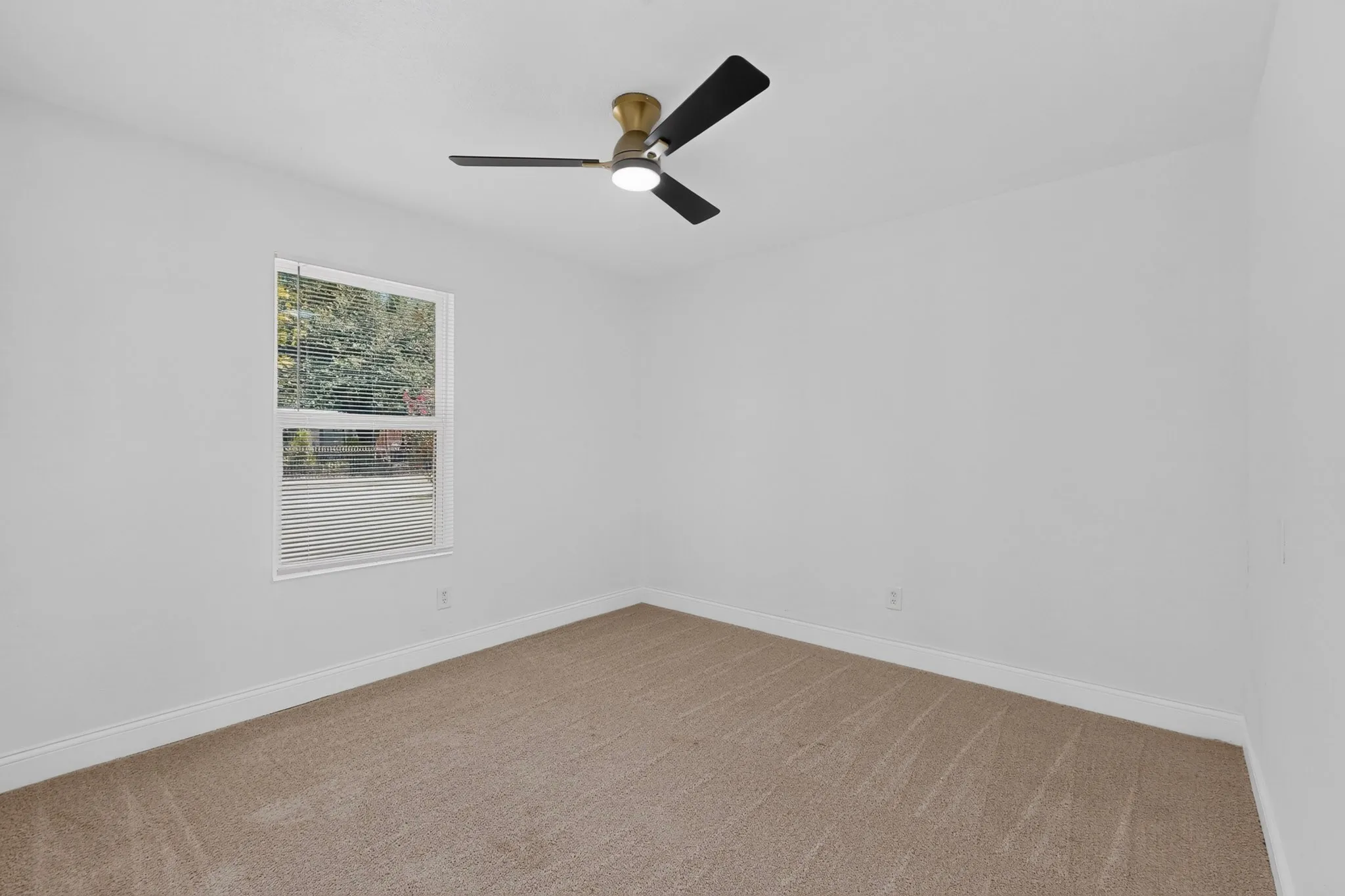 Room featuring a contemporary ceiling fan with integrated lighting, a single window with blinds, pristine white walls, and neutral-toned carpeting and private bath and walk in closet