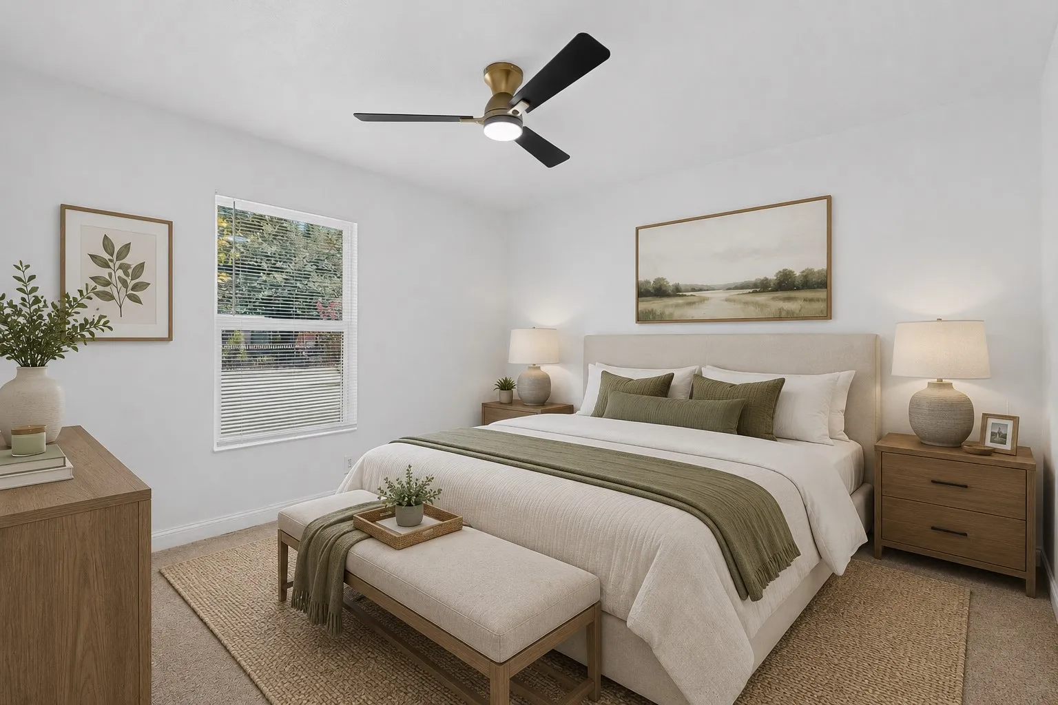 Virtually staged bright interior room featuring a gold-finish ceiling fan with black blades, a white window with blinds, and white baseboard trim