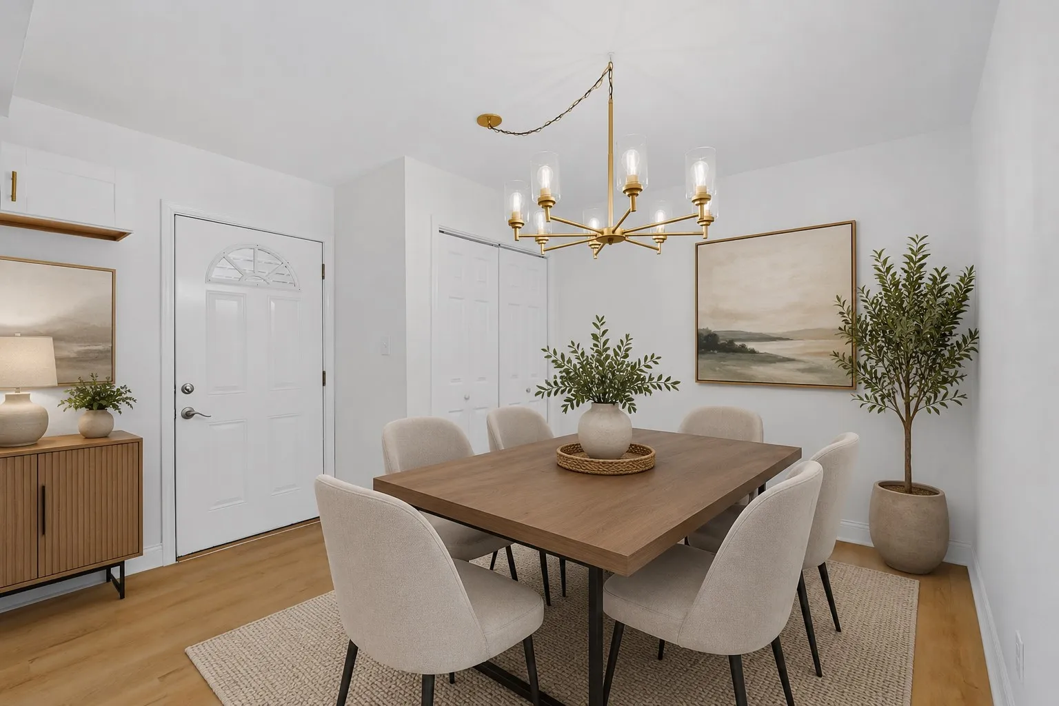 Virtually staged dining area featuring a contemporary chandelier, wood-finish flooring, a built-in shelf, and a white paneled door