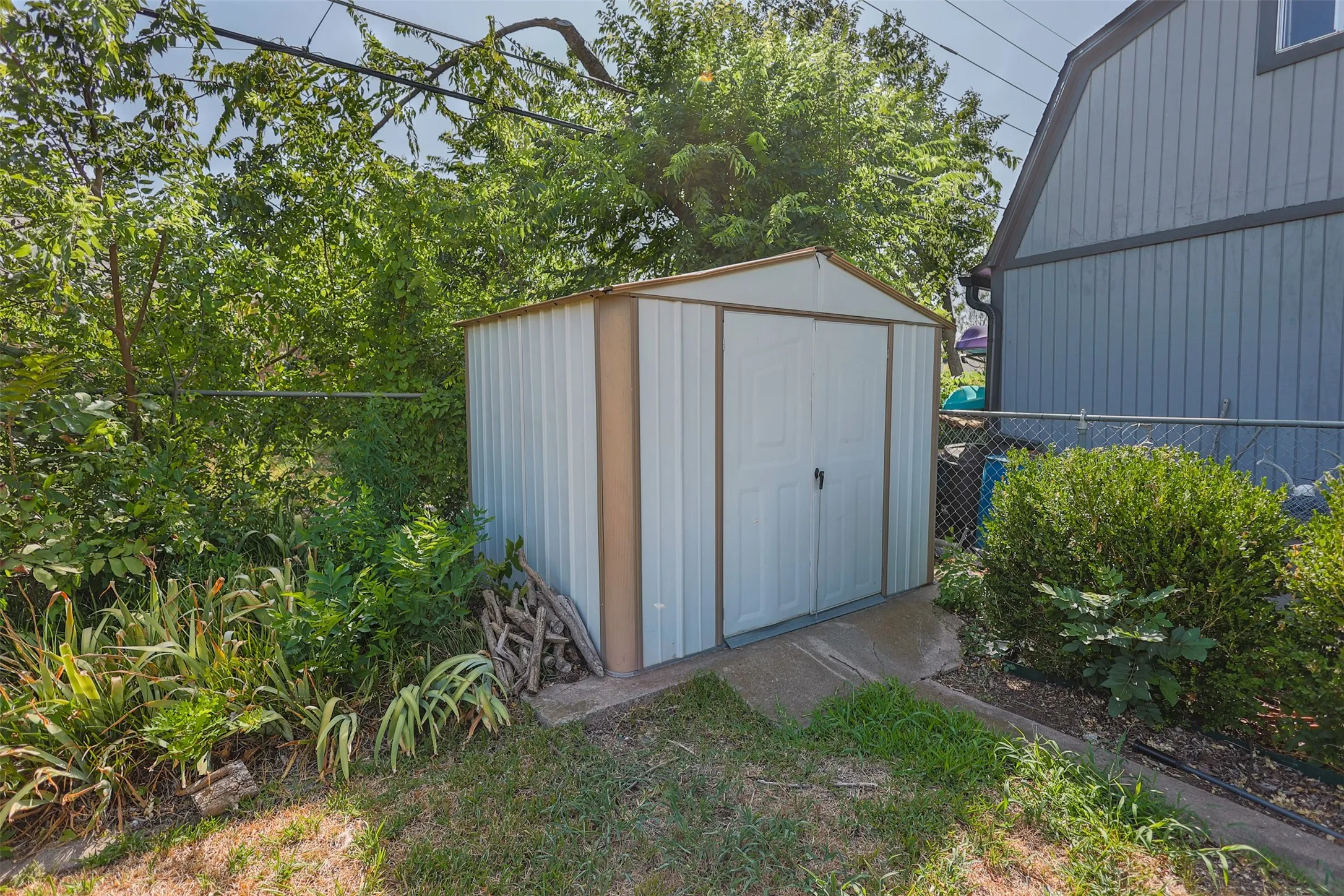 Metal storage shed on a concrete pad, surrounded by mature trees and shrubs, bordered by a chain-link fence
