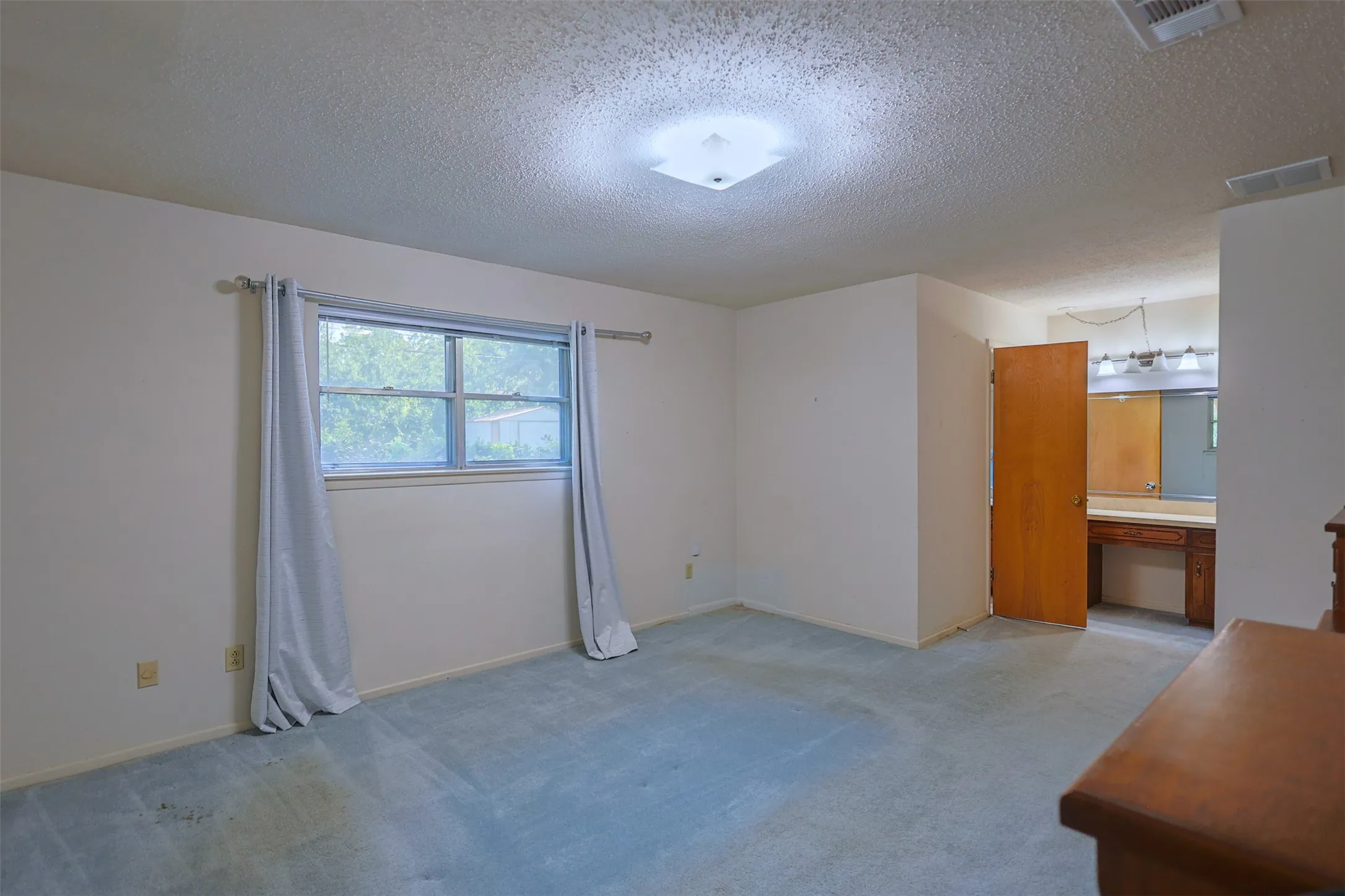 Carpeted interior space featuring a window with a curtain rod, a ceiling-mounted light fixture, and a doorway to an adjacent area with a vanity