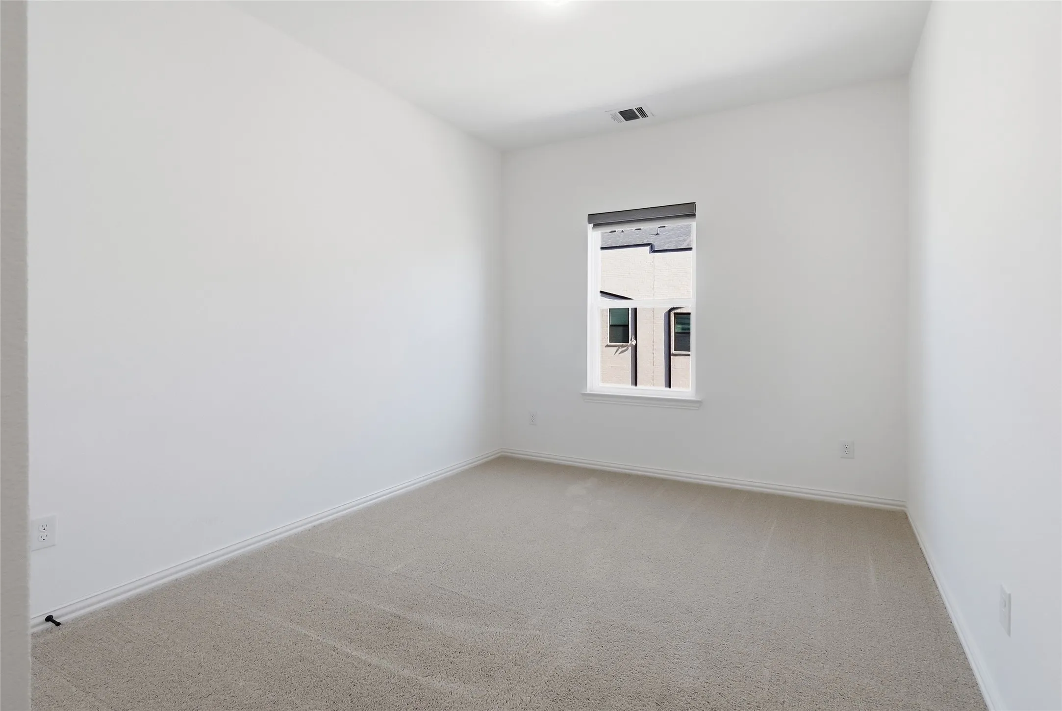 Neutral wall color with baseboard molding, carpeted flooring, and a single window with a roller shade