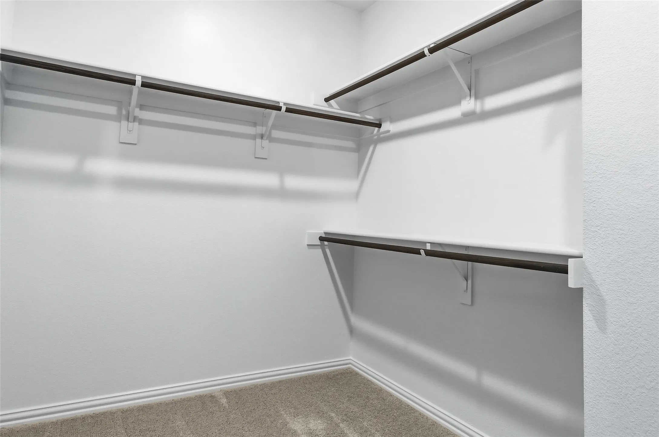 Spacious walk-in closet featuring white walls, baseboard trim, and light-toned carpet