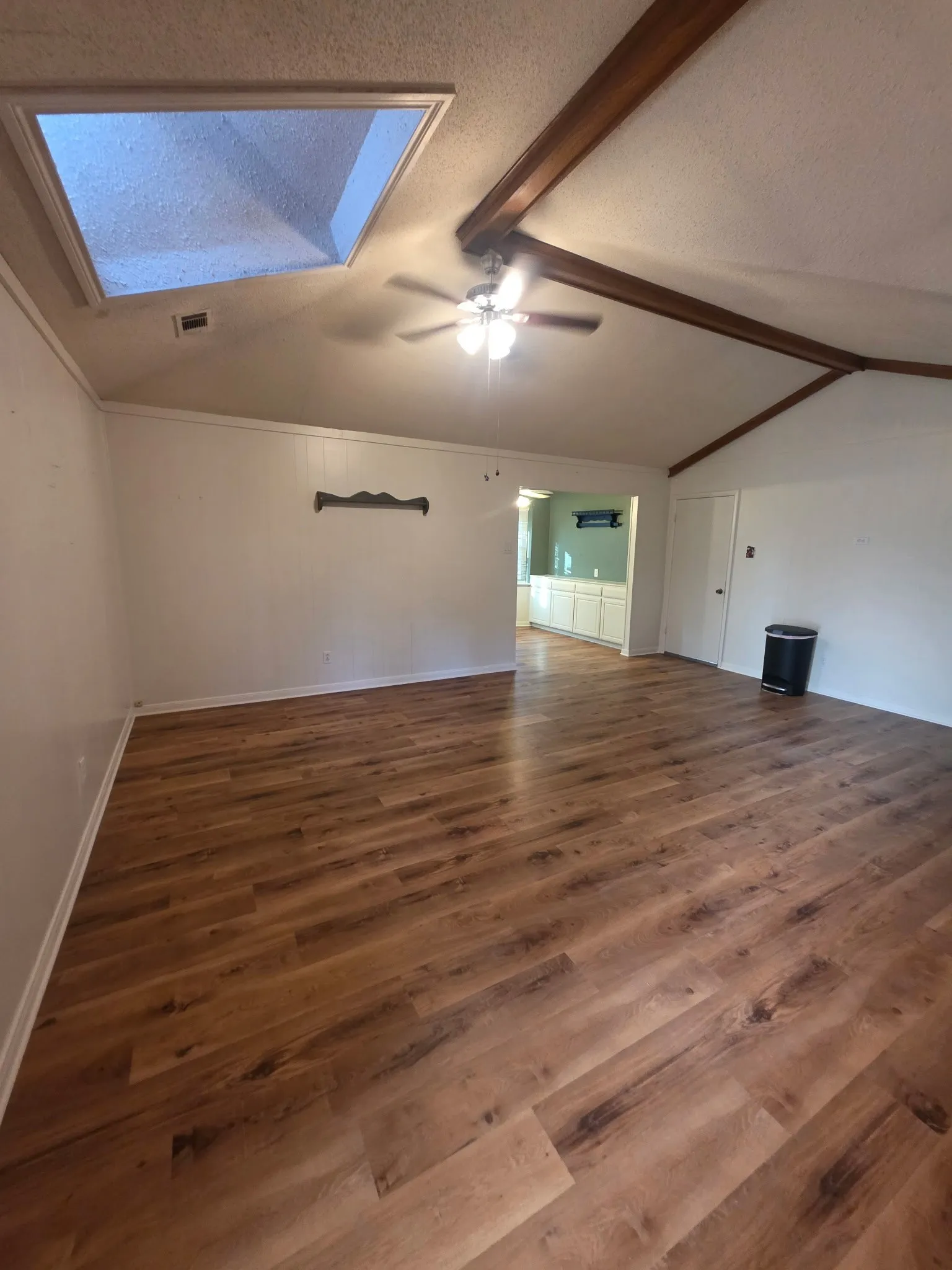 Den with skylight looking toward built ins in breakfast