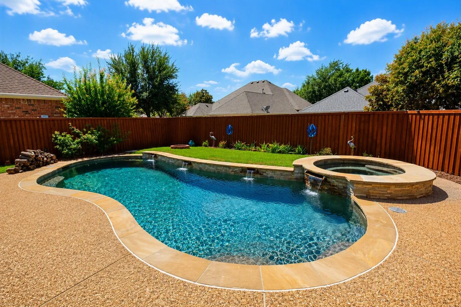 Freeform swimming pool with integrated spa and water features, surrounded by a textured aggregate patio and a manicured lawn