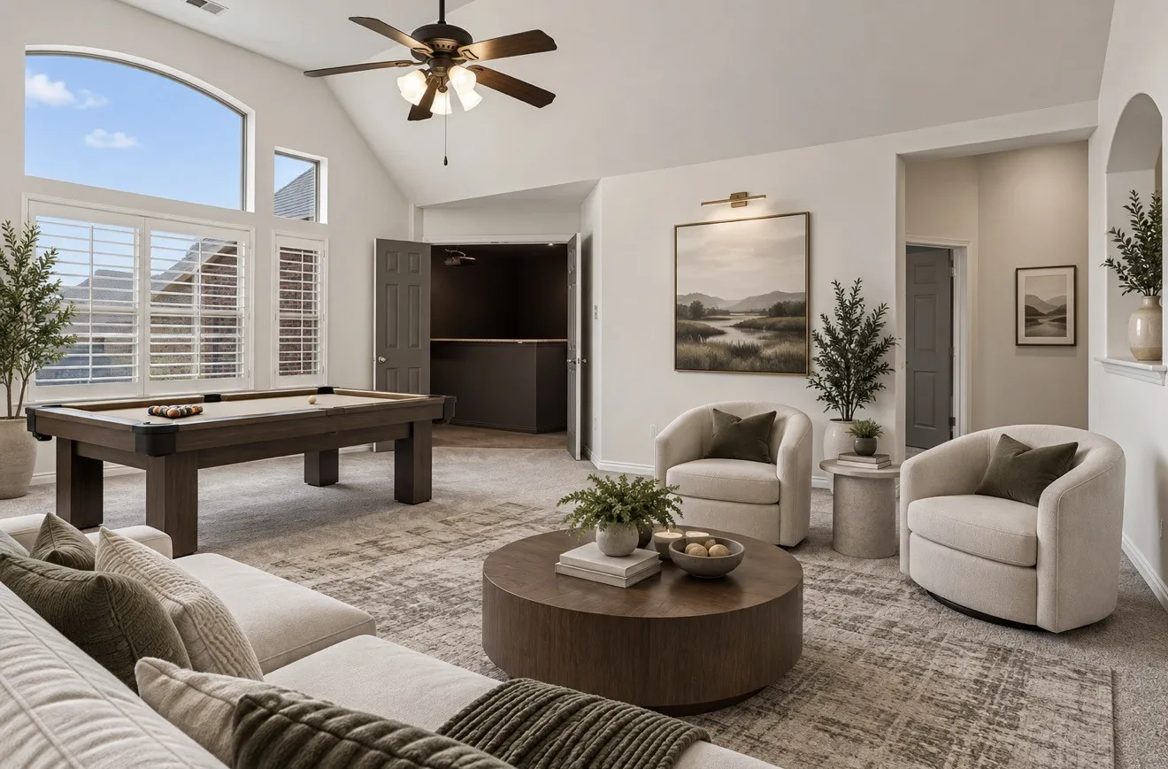 Wall-mounted projection screen, integrated wet bar with dark cabinetry, compact beverage refrigerator, recessed lighting, and built-in shelving