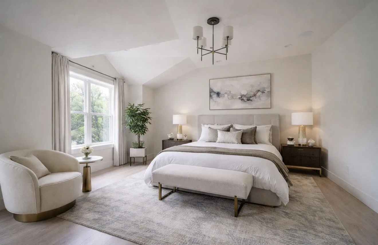 This bedroom features a vaulted ceiling with a modern chandelier, light-colored walls, and a large window with a view of greenery