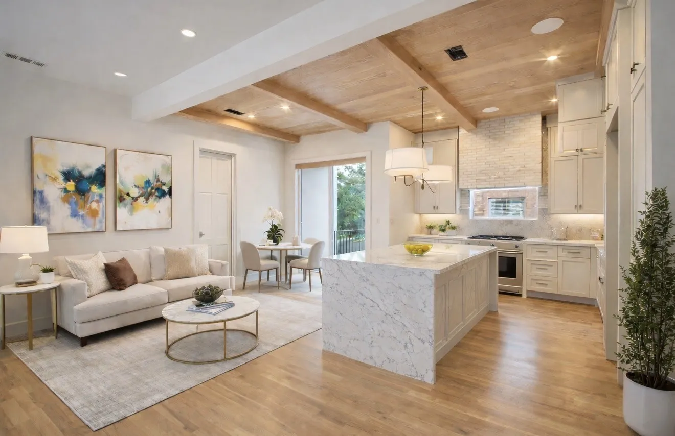 This open-concept living space features hardwood floors, a kitchen with a marble-topped island, light cabinetry, and a light wood beamed ceiling