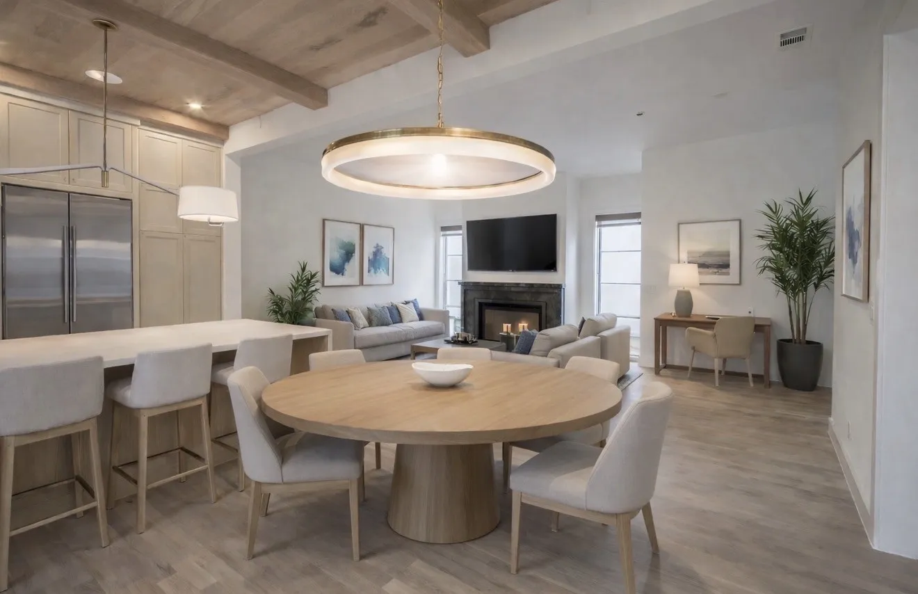 Expansive living area featuring light wood flooring, a decorative round chandelier, a fireplace with a dark stone surround, and an integrated kitchen island with seating