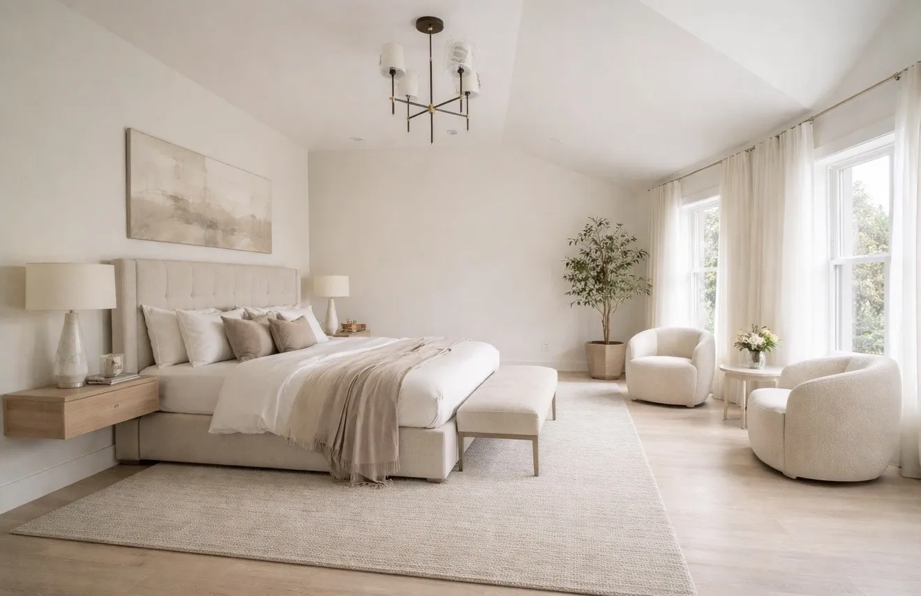 This room features a vaulted ceiling, light-toned flooring, and two large windows with sheer curtains providing natural light