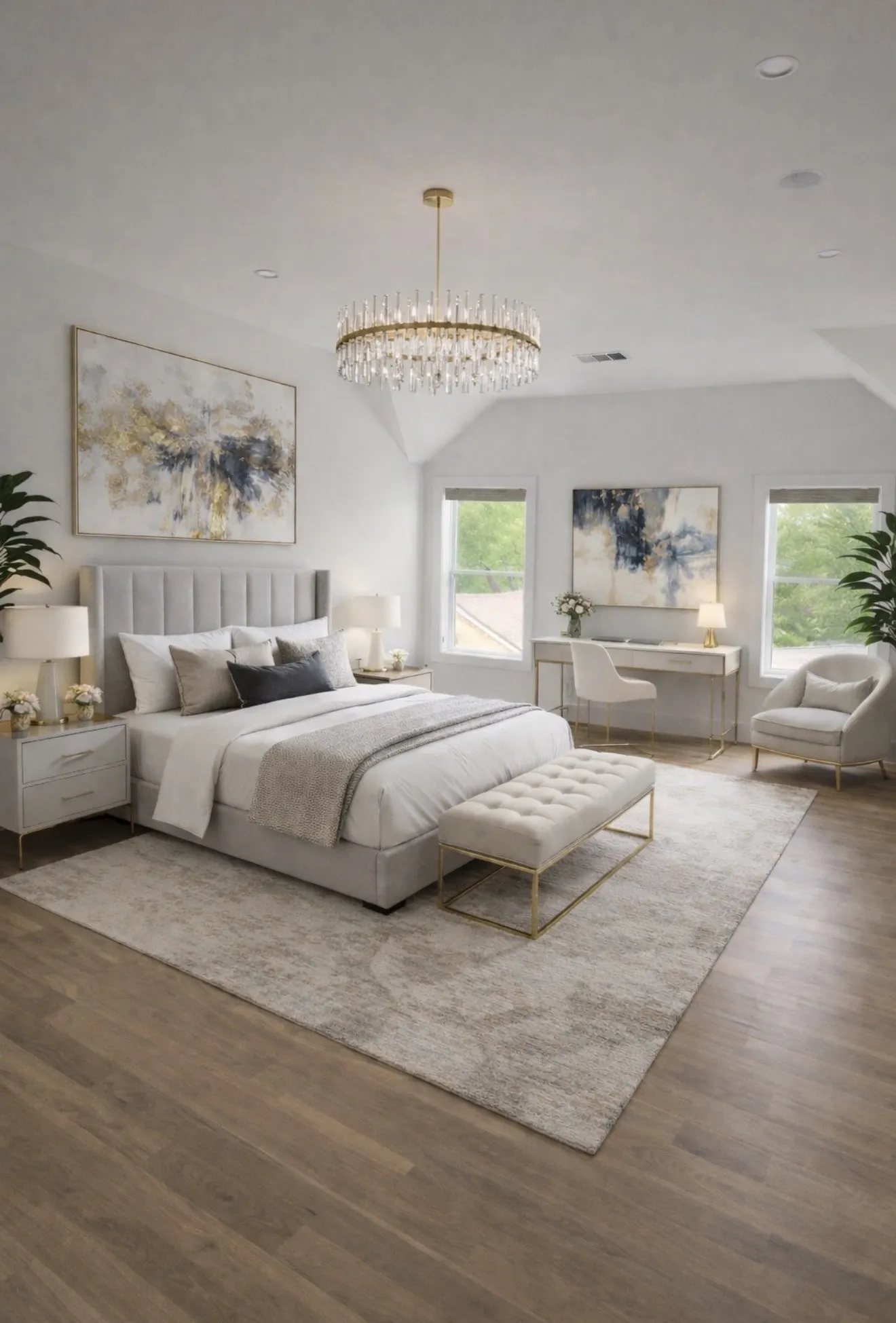 The property features wood flooring, a bed with a tufted headboard, and an elegant chandelier