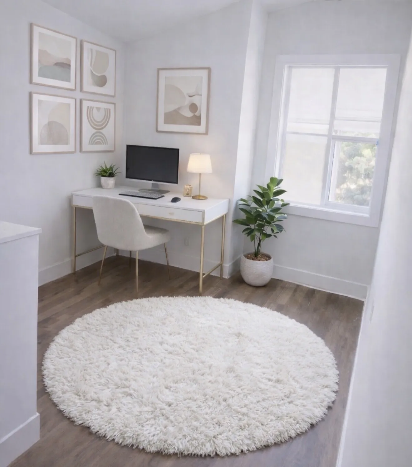Dedicated office space featuring hardwood flooring, a window providing natural light, and ample room for a desk