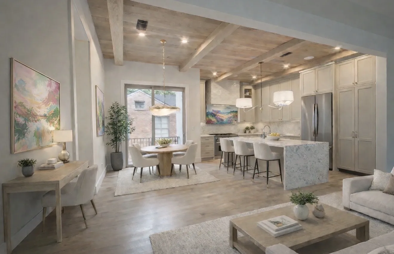 This open-concept living space features light wood flooring, exposed beam ceilings, and recessed lighting