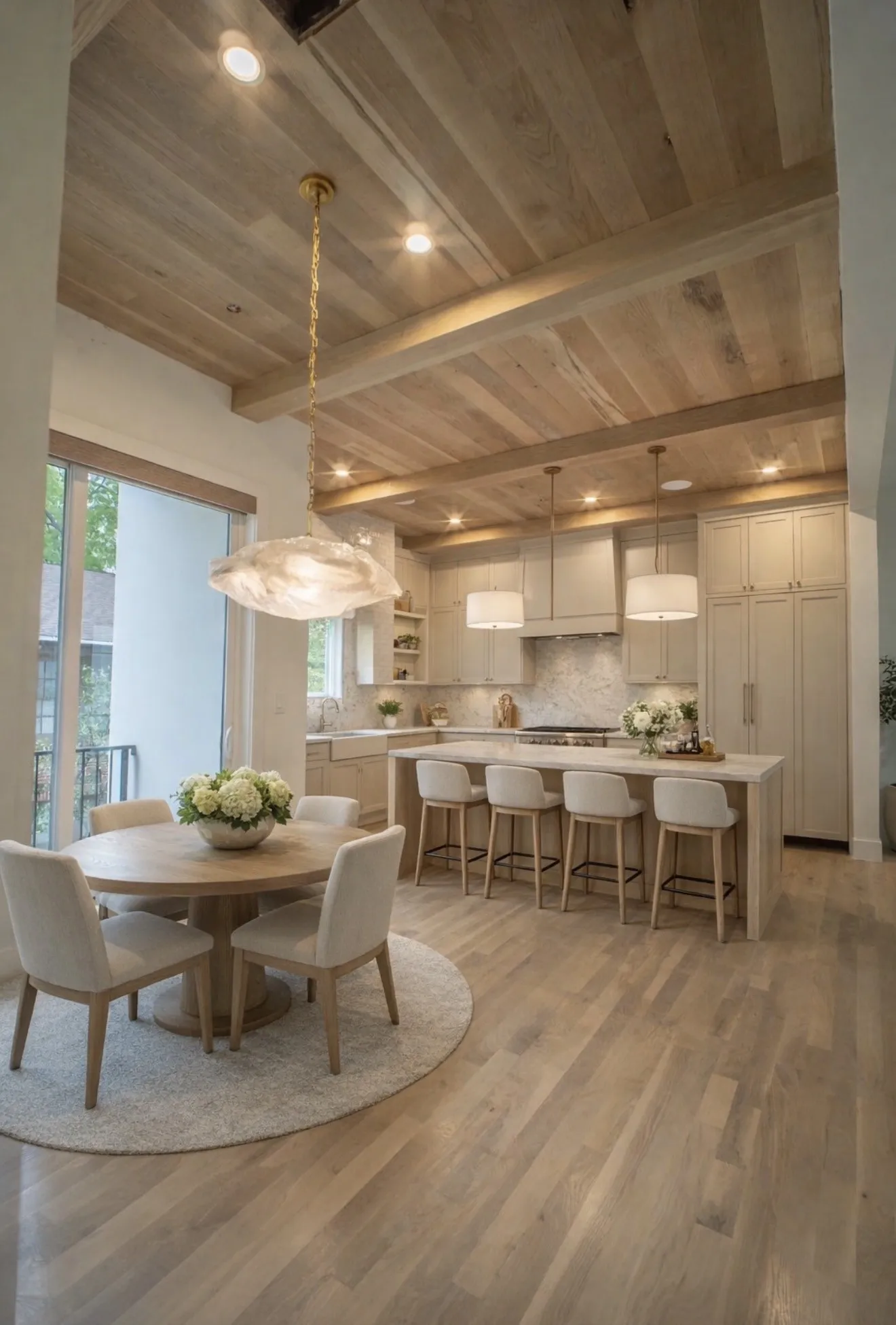 This property showcases light hardwood flooring, a kitchen island with seating, pendant lighting, and recessed lighting