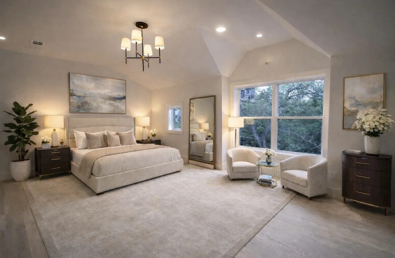 This spacious room features vaulted ceilings, large windows, and recessed lighting