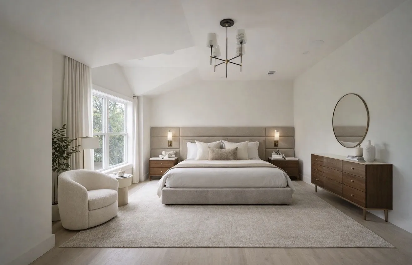 This inviting bedroom features a large window, providing natural light, and light-colored walls and flooring