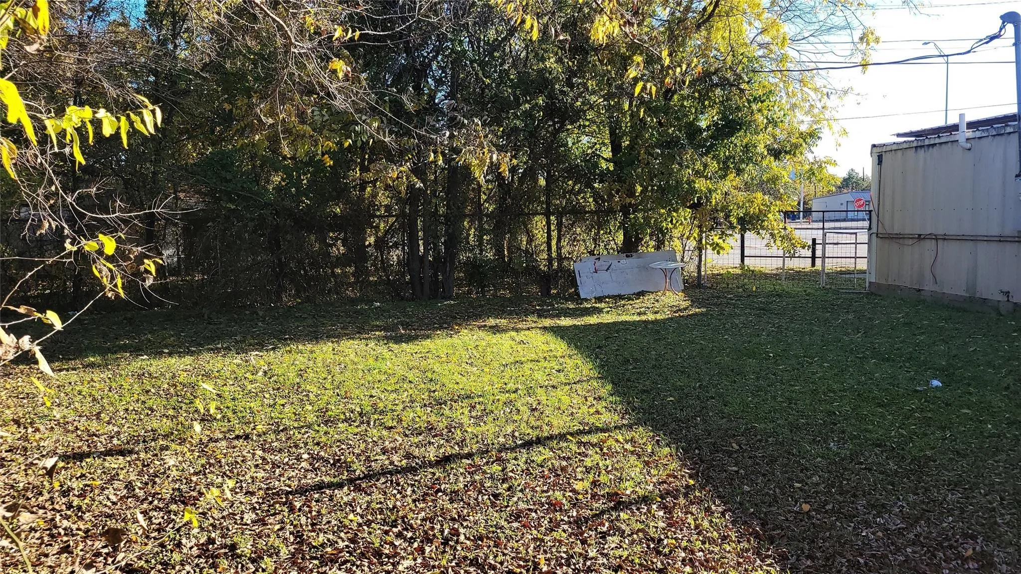 Grassed outdoor space with mature perimeter trees, partial fencing, and visible commercial-style structure