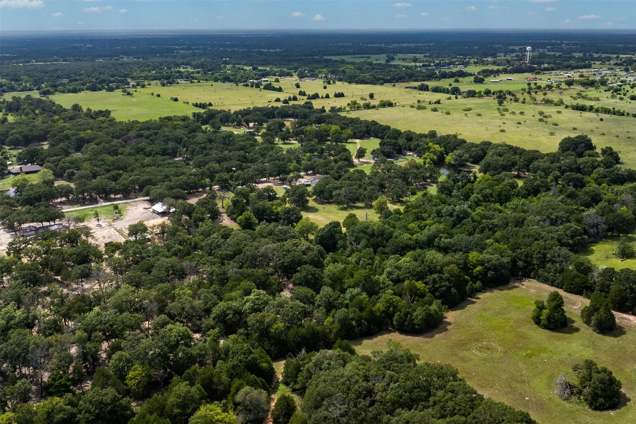Expansive rural landscape featuring lush tree lines, open green fields, and distant structures