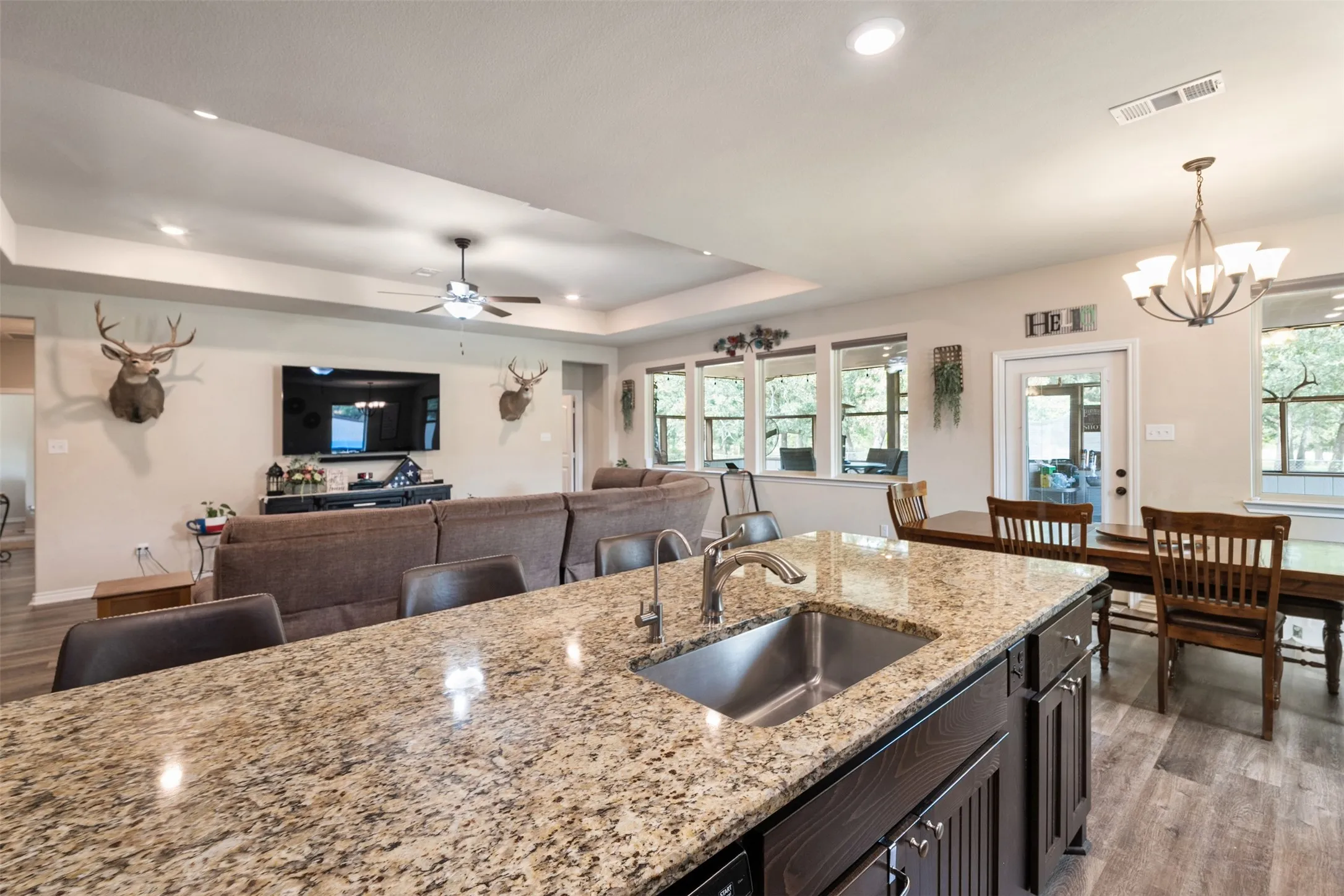 Spacious common area featuring a large kitchen island with a built-in stainless steel sink and granite-style countertop, wood-finish flooring, a tray ceiling with recessed lighting, and multiple windows providing natural illumination