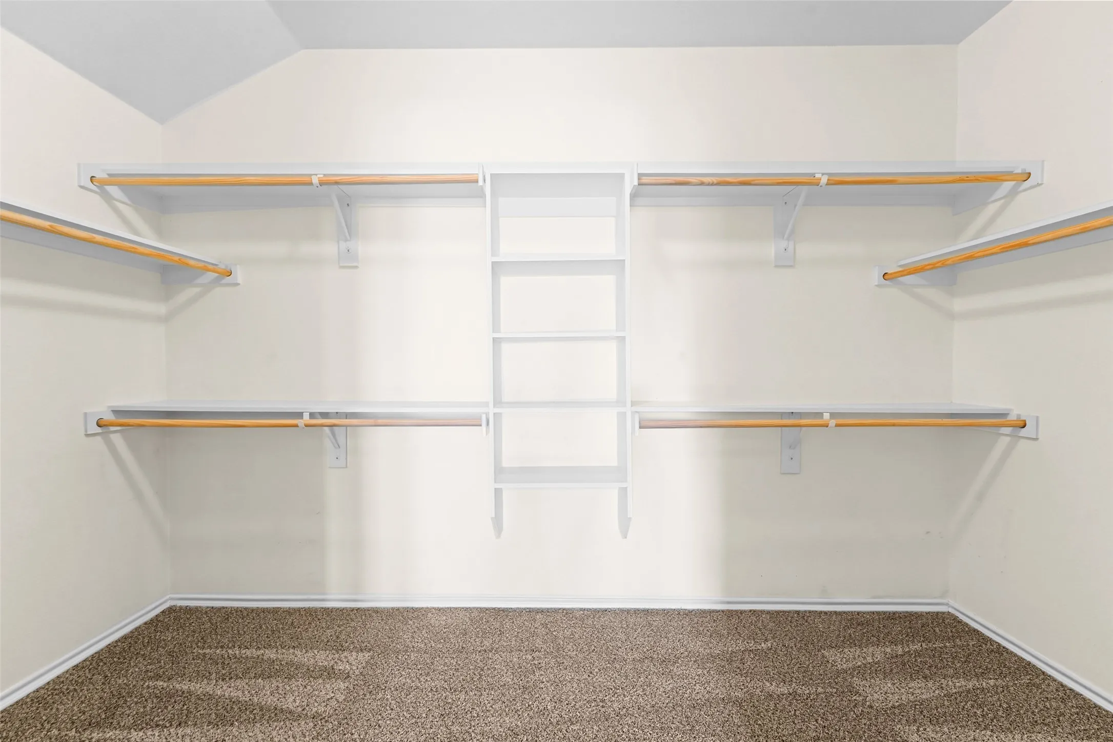 Walk-in closet featuring light-colored walls, carpet flooring, and integrated shelving with hanging rods