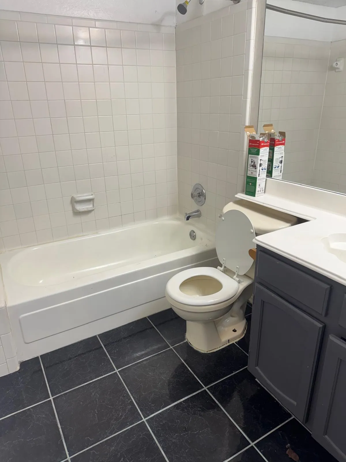 Bathroom featuring a white bathtub, toilet, and a vanity with a white countertop