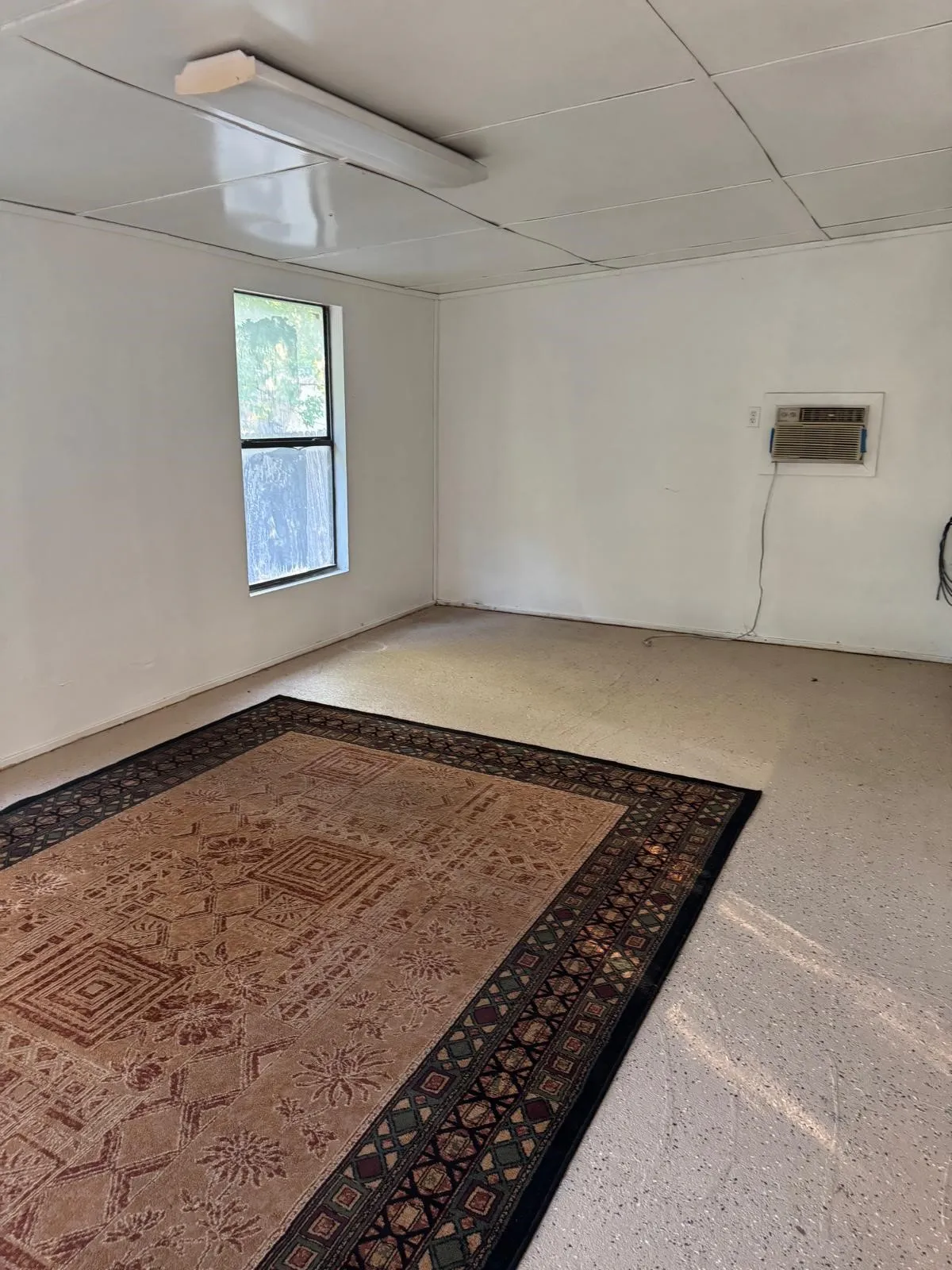Room featuring a window, wall-mounted air conditioning unit, and fluorescent lighting fixture