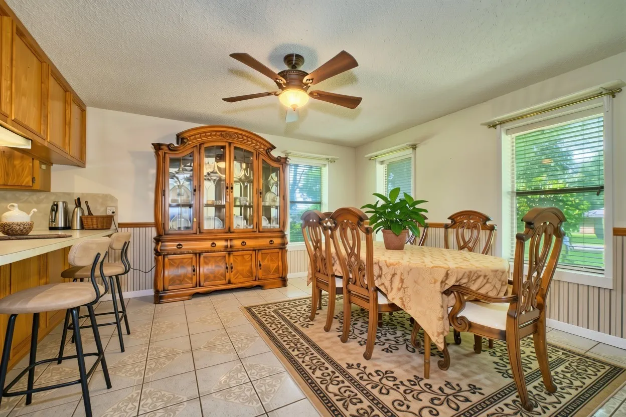 Dining area featuring tiled flooring, a decorative ceiling fan, and multiple windows (virtual staging)
