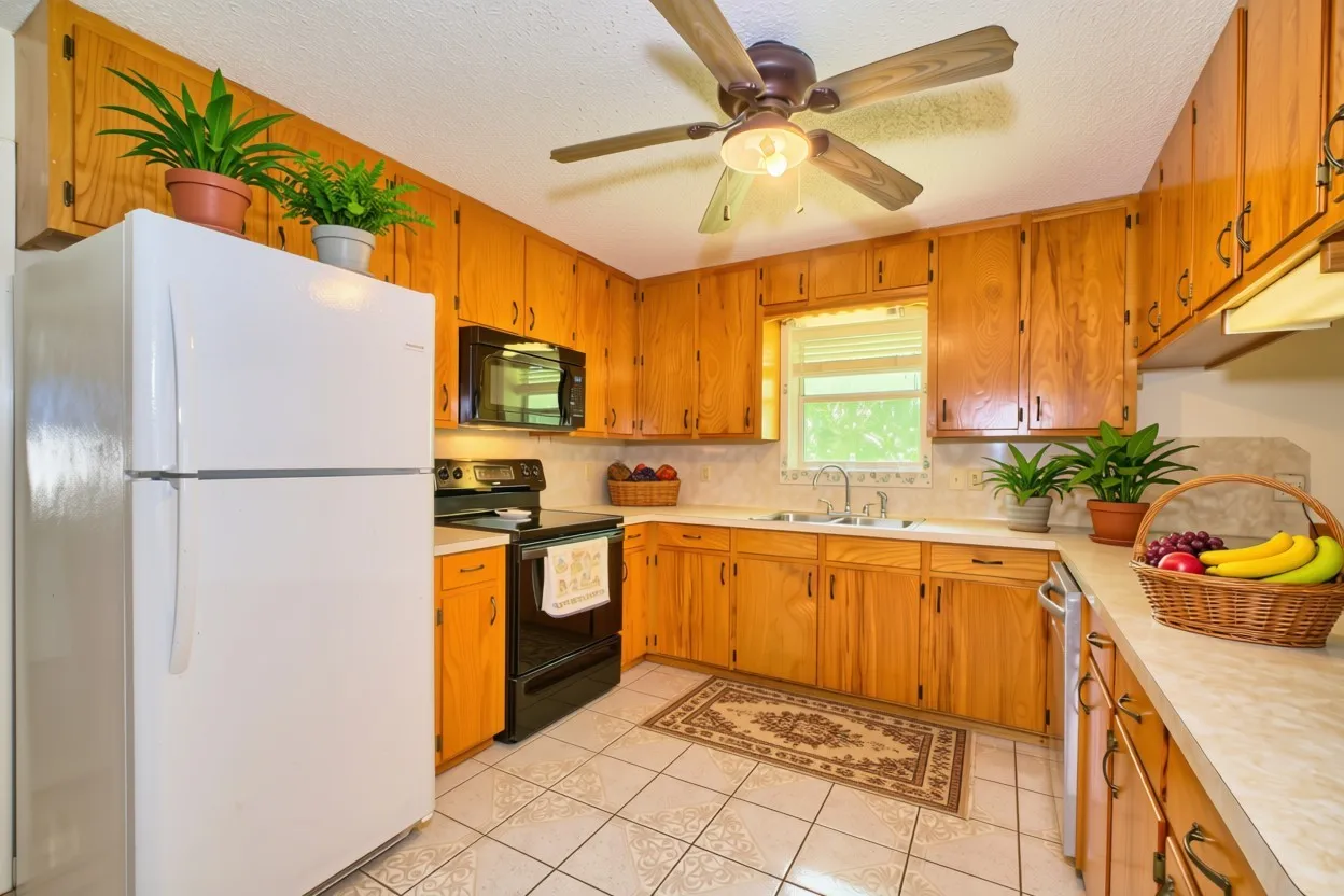 Kitchen featuring wood-finish cabinetry, tile flooring, and a ceiling fan (virtual staging)