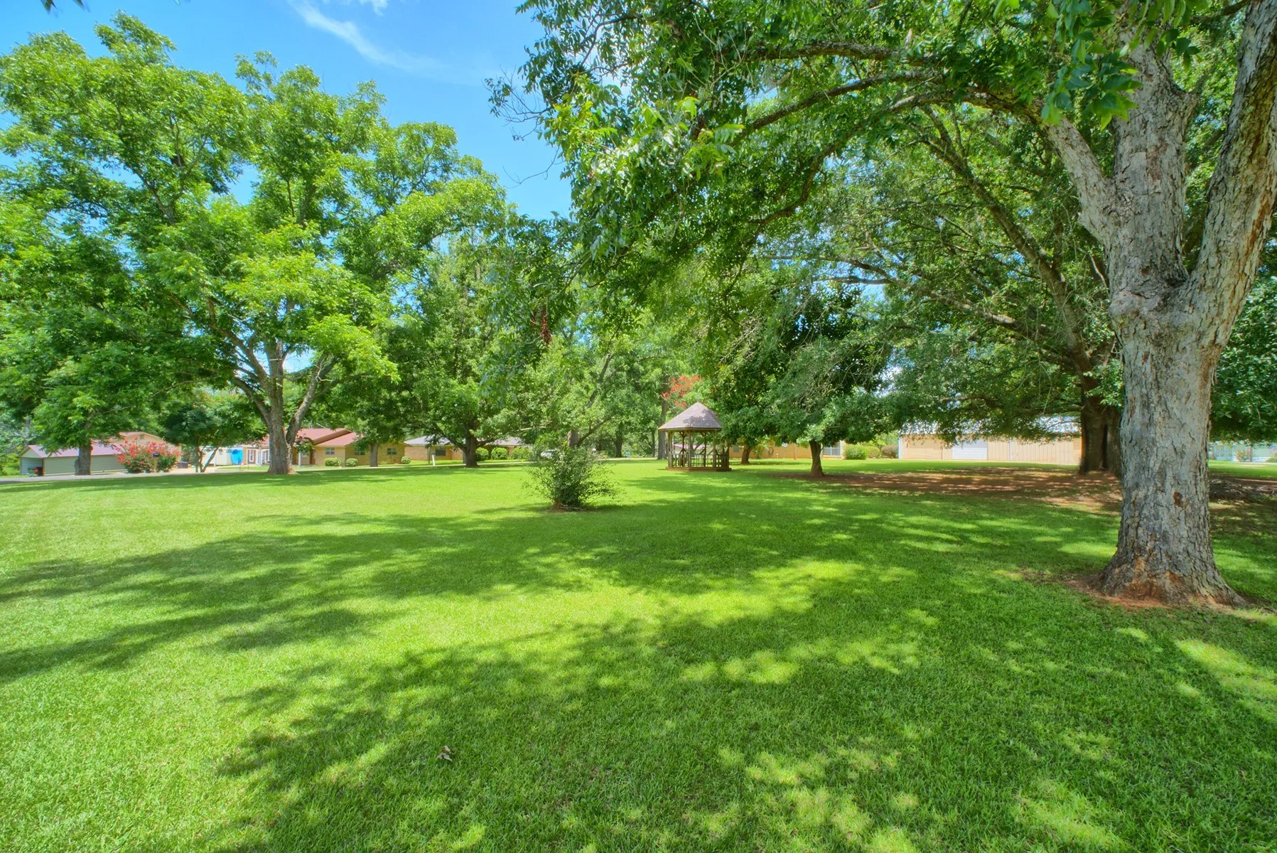 Expansive green lawn with mature shade trees and a distant gazebo