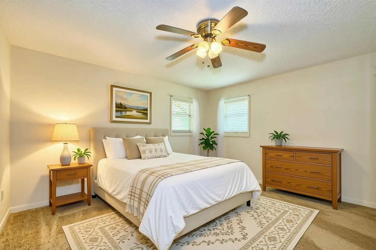 Neutral-toned bedroom featuring wall-to-wall carpeting, two windows with horizontal blinds, a ceiling fan with integrated lighting, and light-colored walls (virtual staging)
