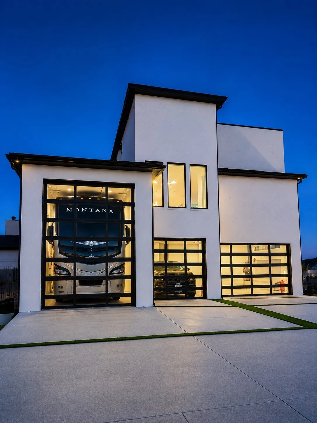 Rear exterior showcasing the home’s rare four-car garage, including an oversized bay designed to accommodate an RV, boat or large truck, with modern glass garage doors and contemporary architecture.