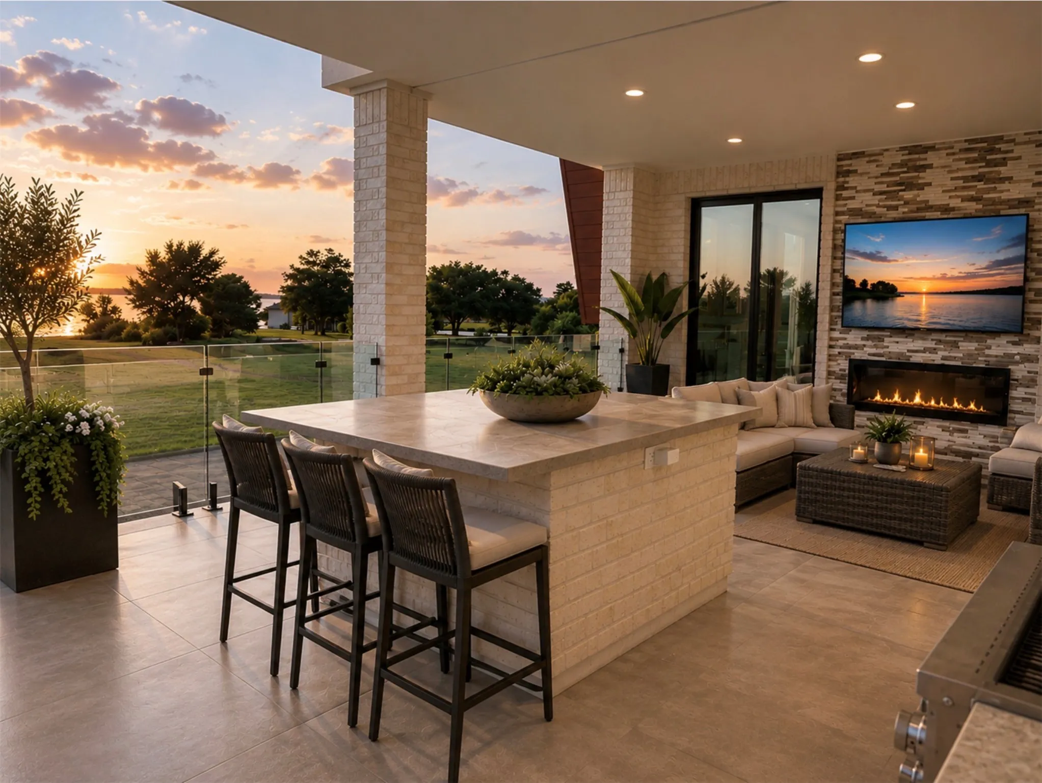 “Virtually staged. Expansive second-floor covered balcony designed for indoor-outdoor entertaining with built-in grill, refrigerator, sink, fireplace, Sonos surround sound and Taj Mahal stone, complemented by beautiful lake views.”