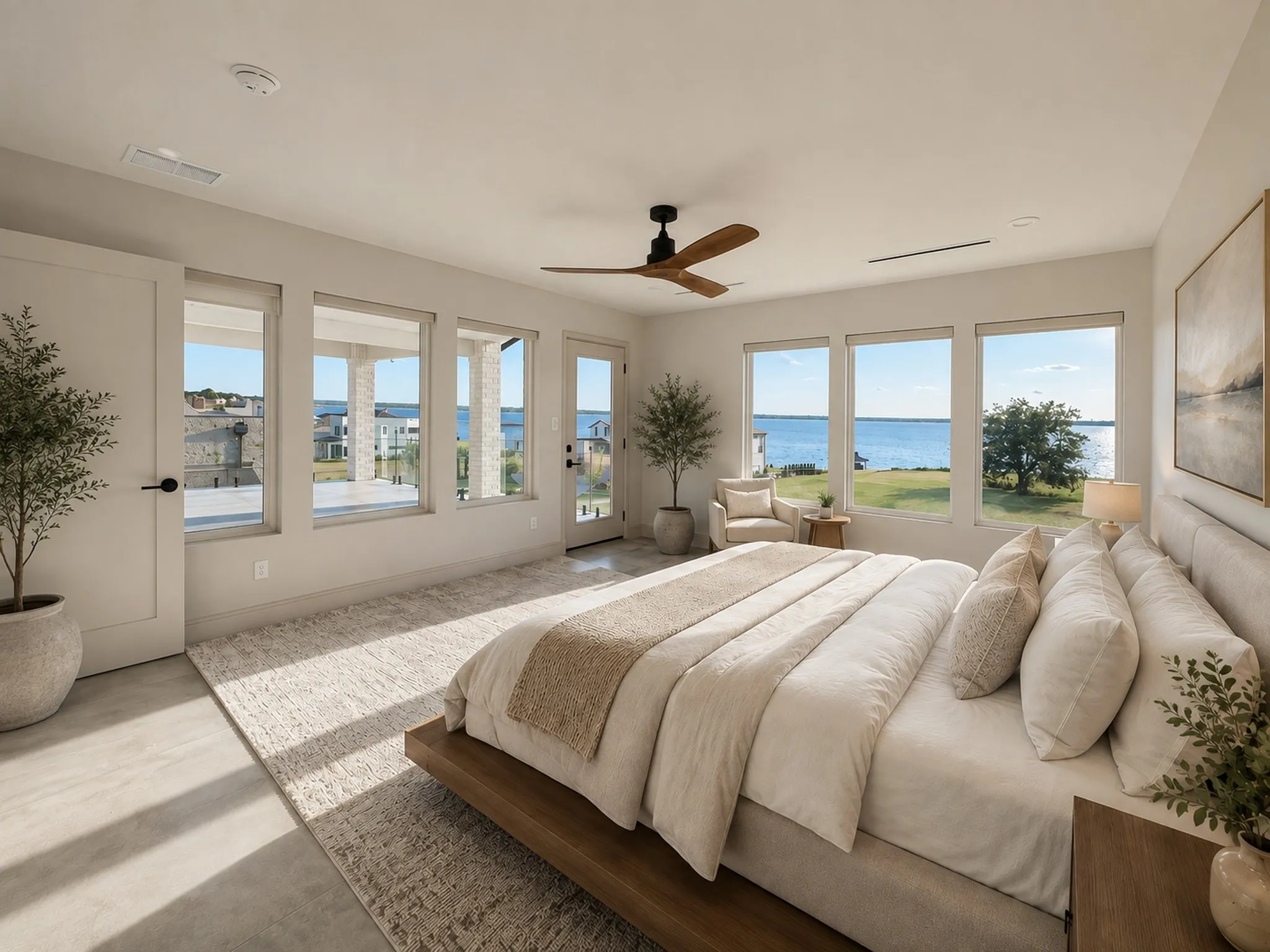 Virtually staged. Expansive primary suite featuring panoramic lake views, abundant natural light, and direct access to the private balcony. Spacious layout offers a serene retreat with beautiful water views from multiple windows.