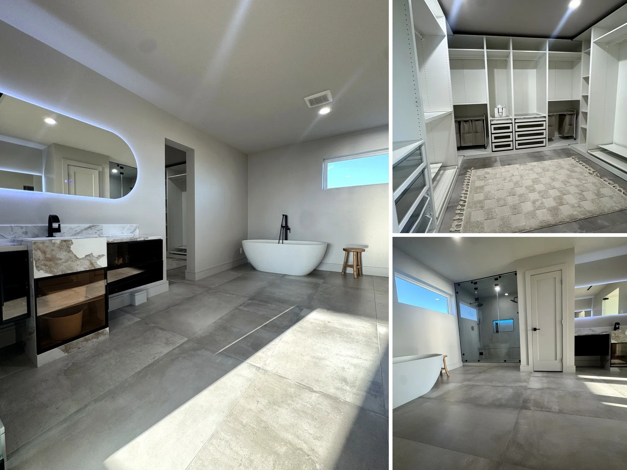 Primary bath featuring bidet, oversized glass-enclosed walk-in shower with modern fixtures, designer tile, and built-in shower niche.