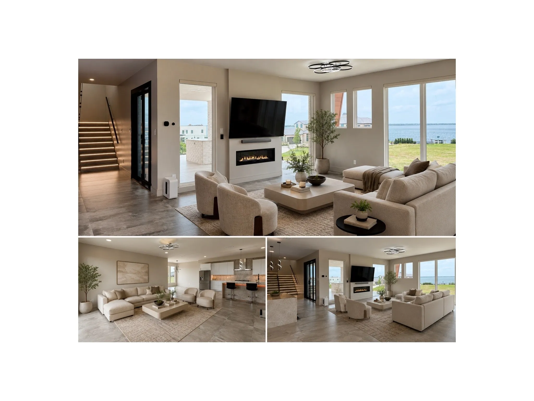Virtually staged second-floor living area featuring expansive lake views, dual-sided fireplace, flat-screen TV, built-in Sonos surround sound, abundant natural light, and direct access to the covered outdoor living balcony.