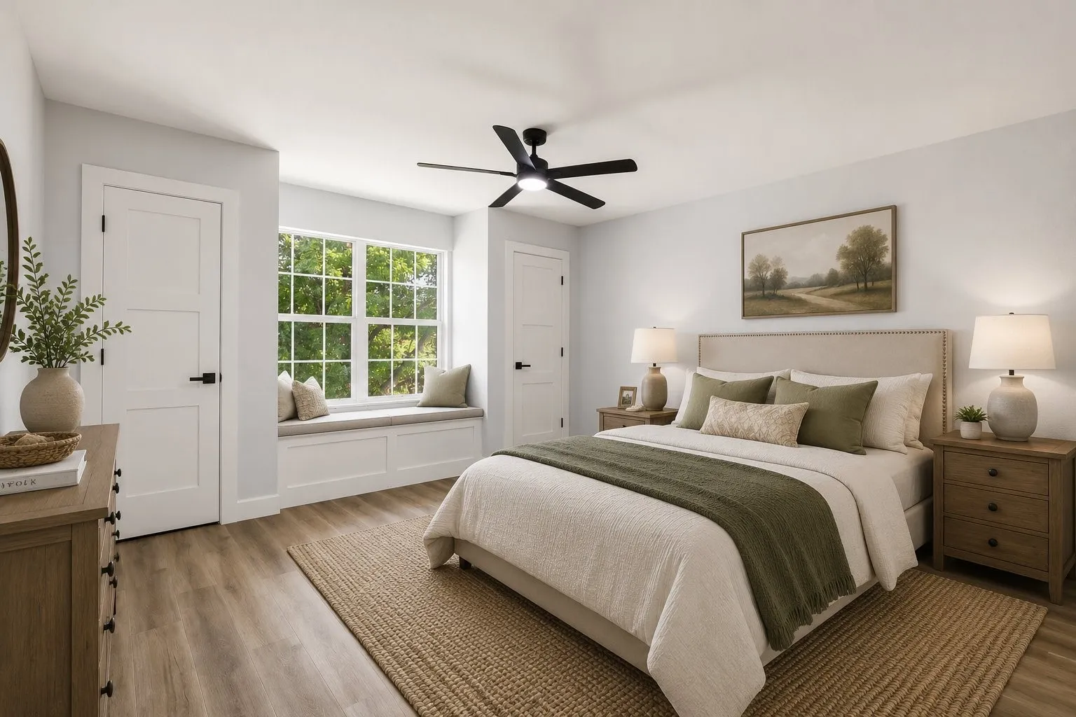 VIRTUALLY STAGED Bedroom featuring wood-finish flooring, a built-in window seat, a ceiling fan, and white paneled doors with black hardware