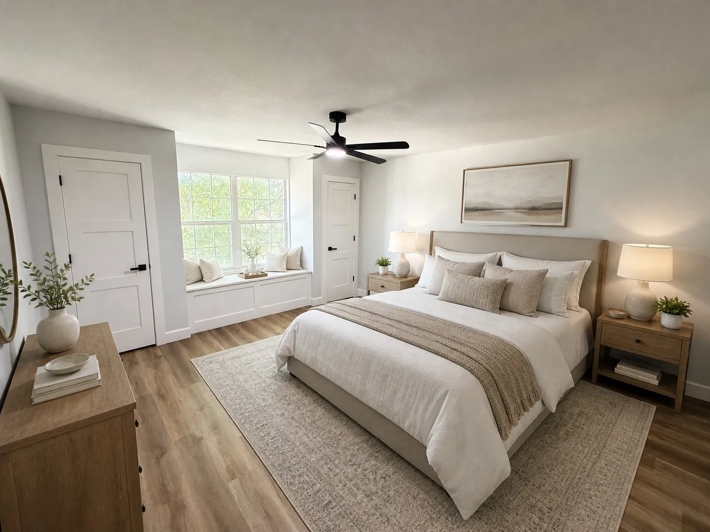 VIRTUALLY STAGED Bedroom featuring a built-in window seat, wood-finish flooring, and a ceiling fan