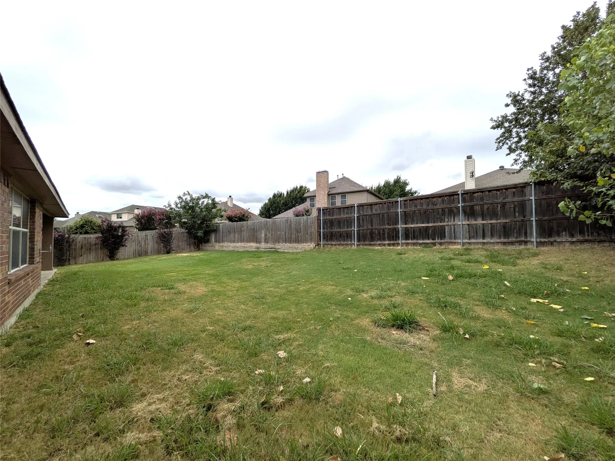 Expansive backyard featuring a wood fence perimeter and mature trees