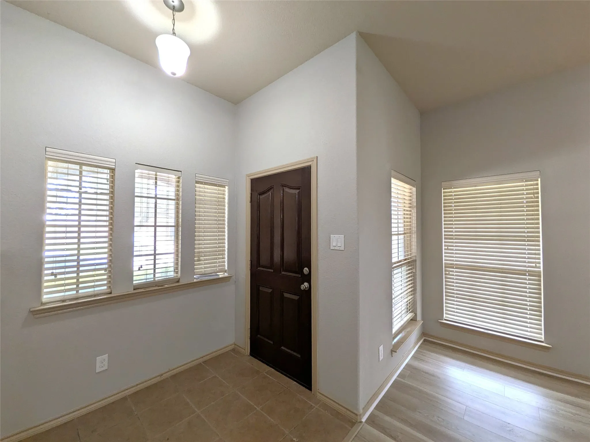 Entryway featuring a dark wood-finish door, three windows with horizontal blinds, and a light-colored ceiling fixture