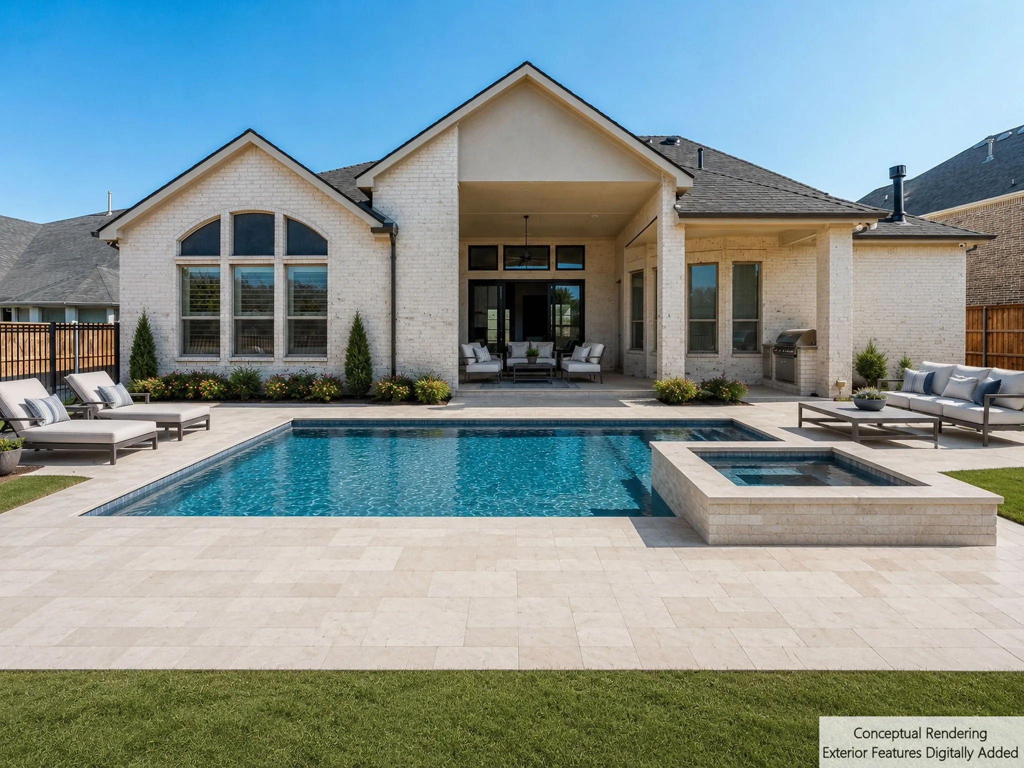 Conceptual rendering for visualization purposes only. The pool, spa, decking, landscaping, outdoor furniture, and other exterior features shown have been digitally added and do not currently exist.
