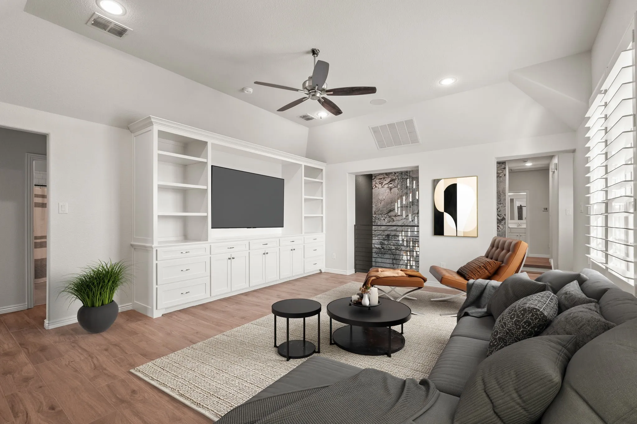 Upstairs Living Space, Game Room Or TV Room Facing Staircase Which Has Been Virtually Staged.