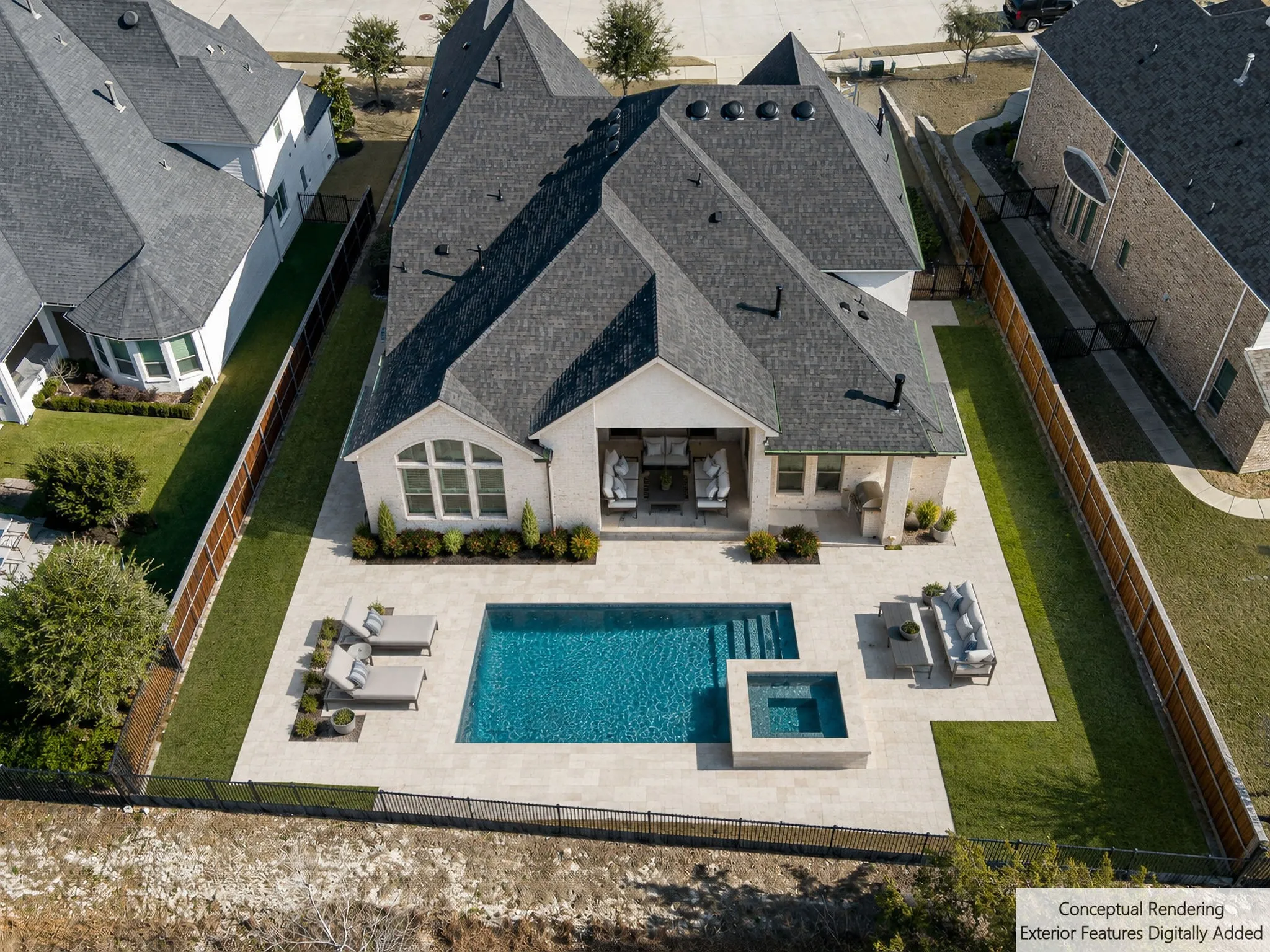 Conceptual rendering for visualization purposes only. The pool, spa, decking, landscaping, outdoor furniture, and other exterior features shown have been digitally added and do not currently exist.