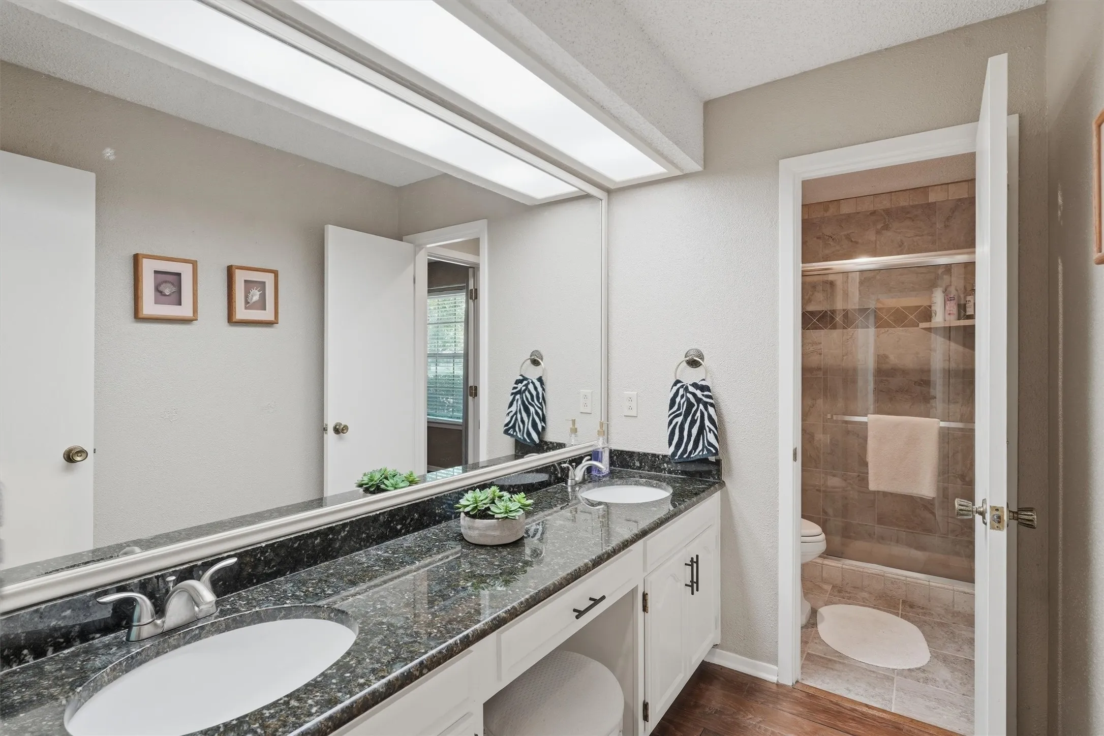 Double vanity with dark granite-finish countertop and white cabinetry
