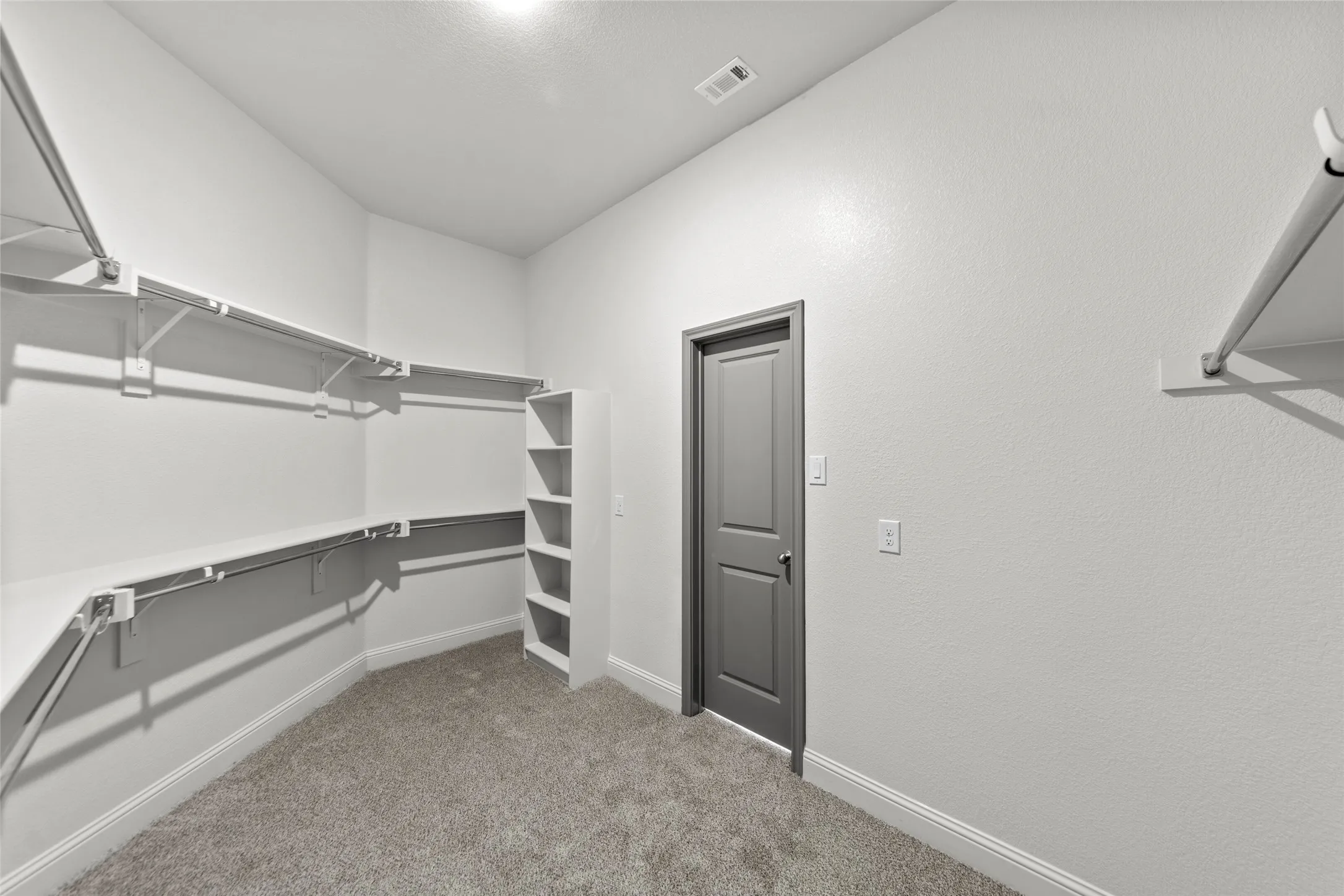 Walk-in closet featuring built-in shelving, hanging rods, an integrated storage tower, light gray carpeting, and white baseboards