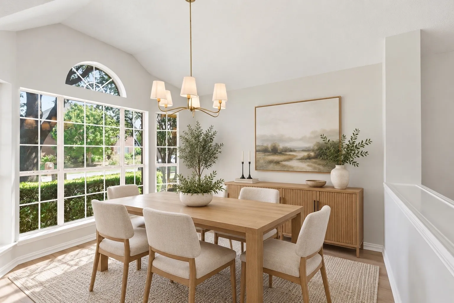 Vaulted ceiling, arched transom window, large grid-pattern windows, wood-finish flooring, contemporary chandelier