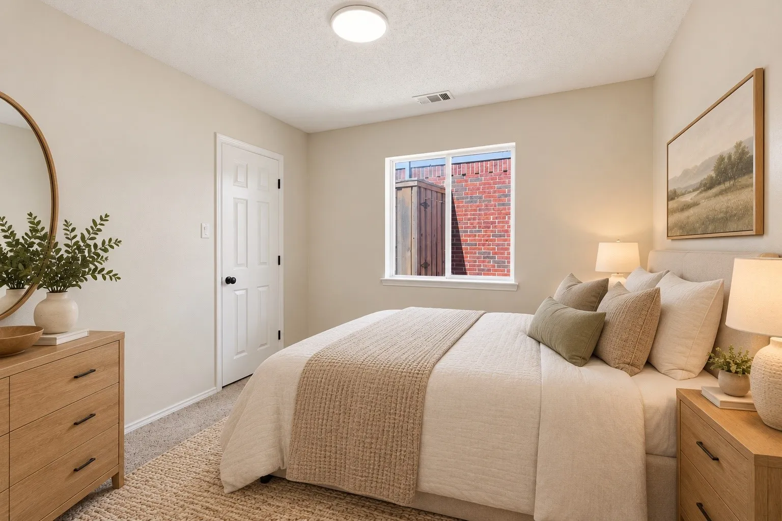Wall-to-wall carpeting and a ceiling-mounted light fixture illuminate this space, featuring light-toned walls and a white paneled door